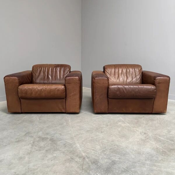 Ensemble de fauteuils en cuir marron vintage, années 1970.