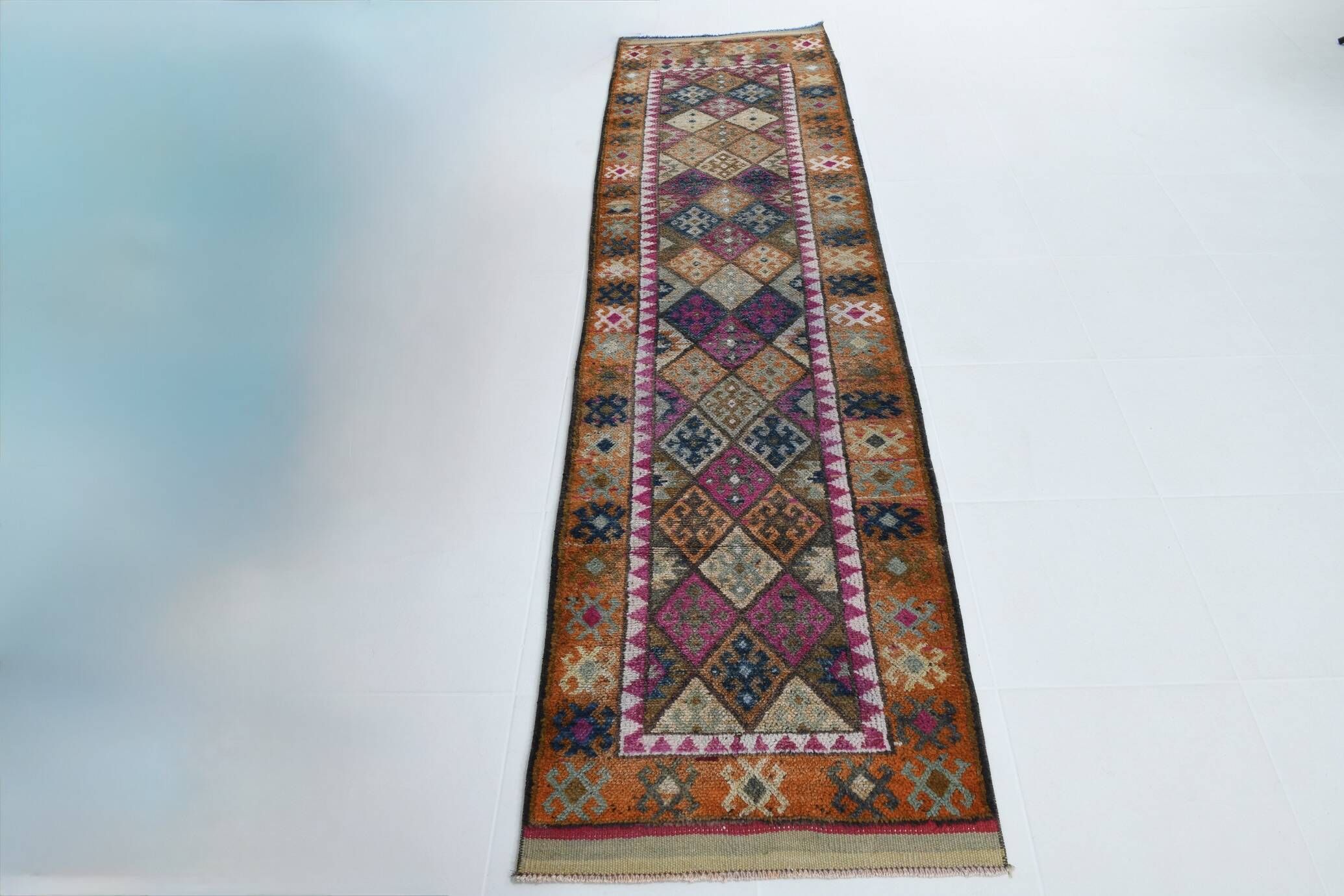 Blue Pink Geometric Oushak Runner Rug, 80x302Cm