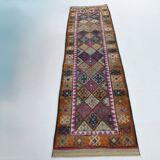 Blue Pink Geometric Oushak Runner Rug, 80x302Cm