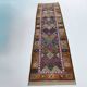 Tapis de couloir Oushak géométrique bleu et rose, 80 x 302 cm