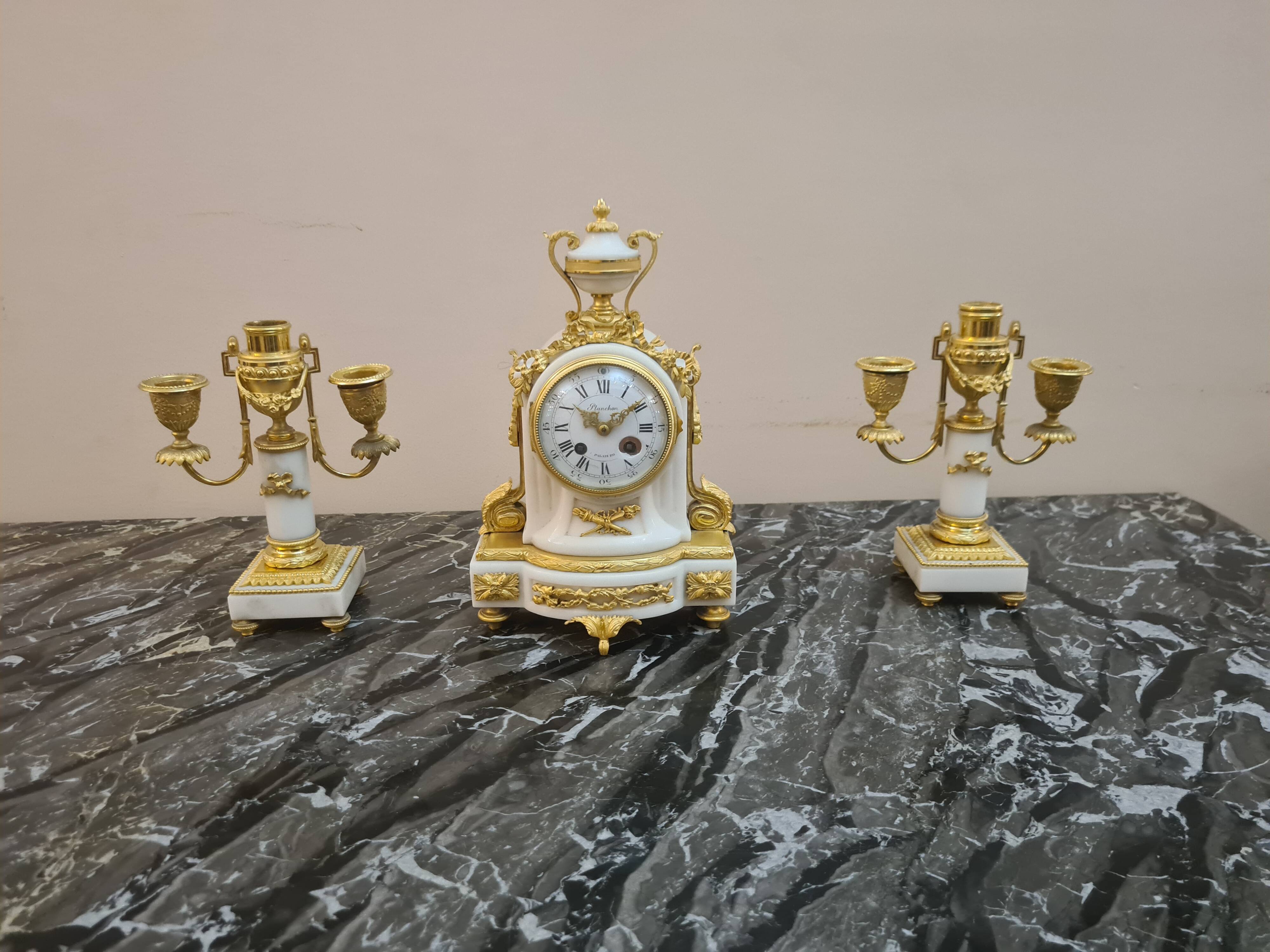 Fireplace set signed Planchon, 19th century