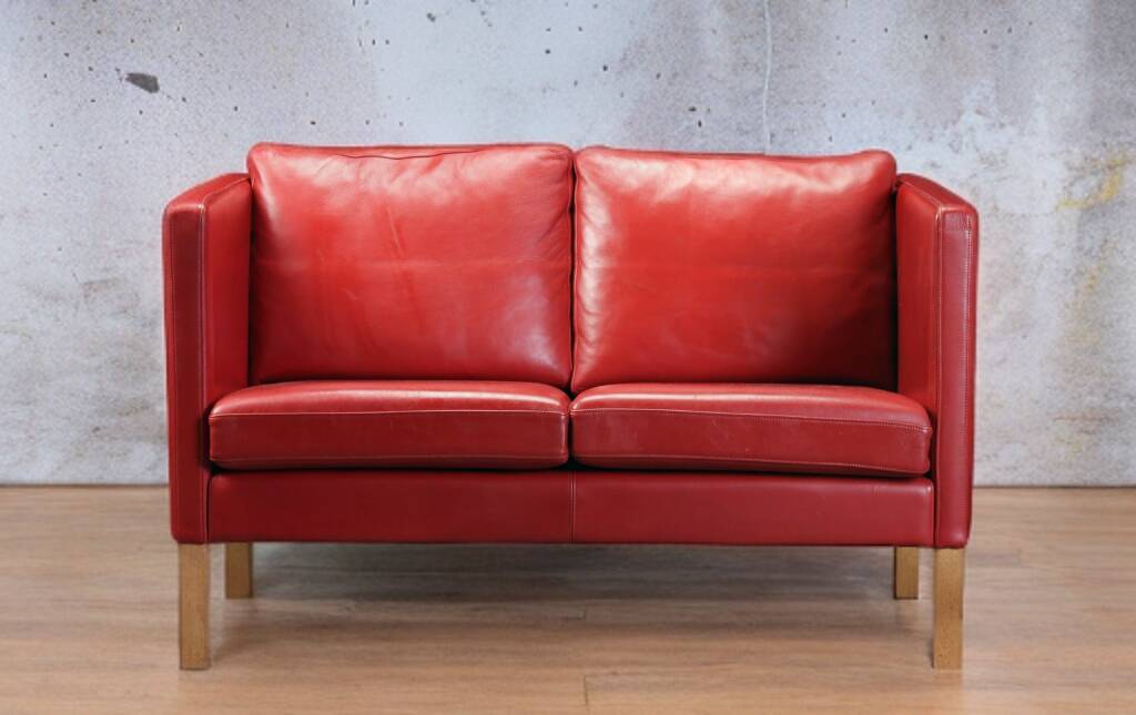 2 seater red leather sofa, Vintage Scandinavian 1960s