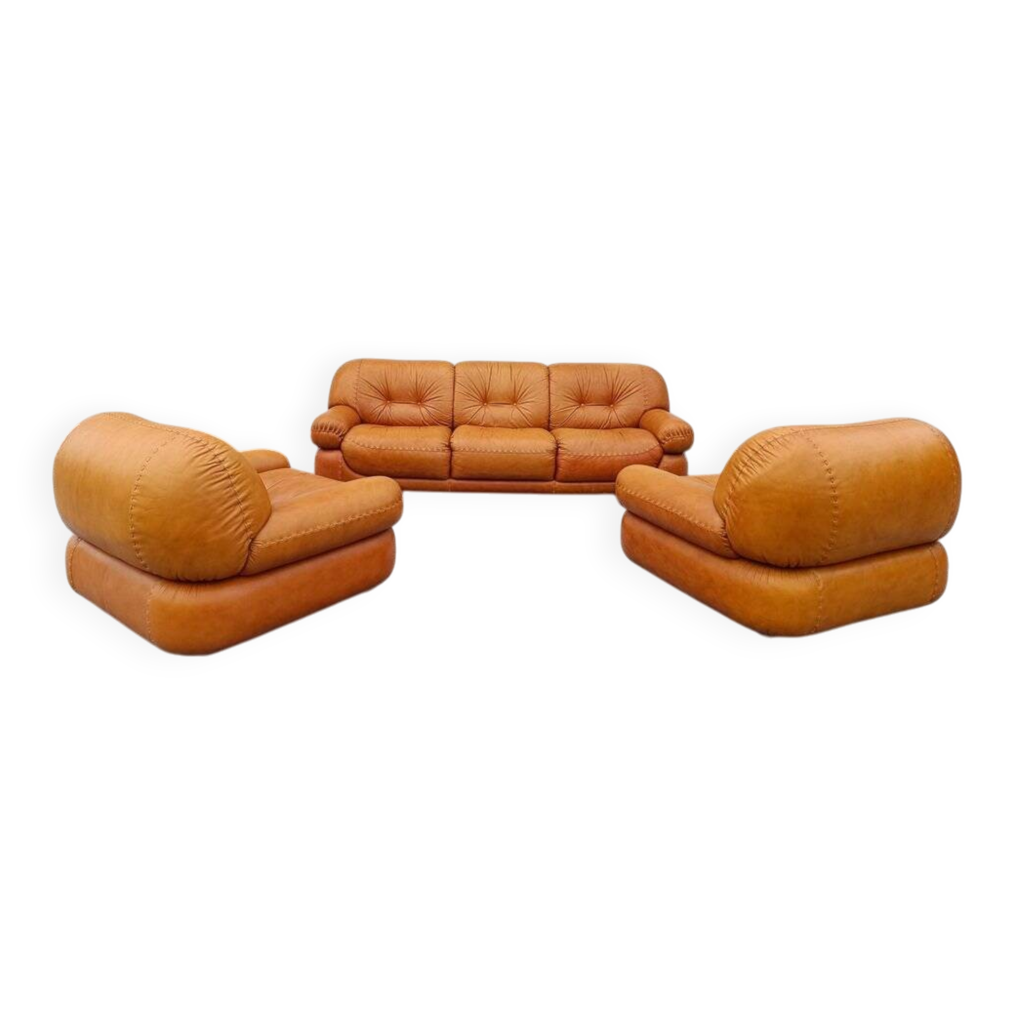 Canapé et fauteuils en cuir cognac par Sapporo pour Mobil, Italie