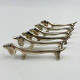 Set of 6 silver metal Dachshund knife holders, 1970s