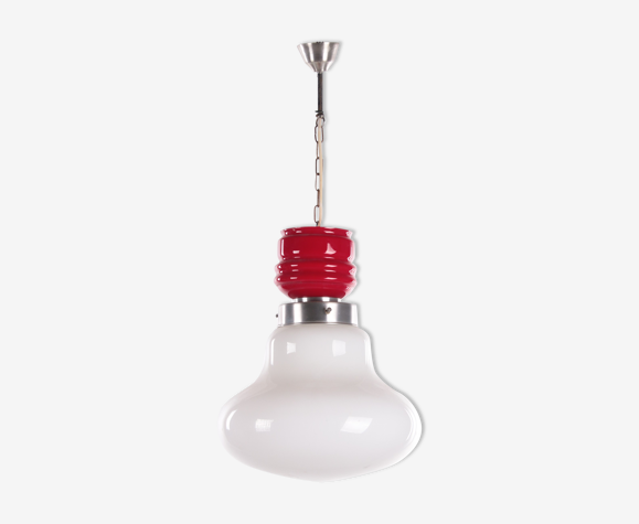 Vintage Hanging lamp with red and white milk glass 1960s