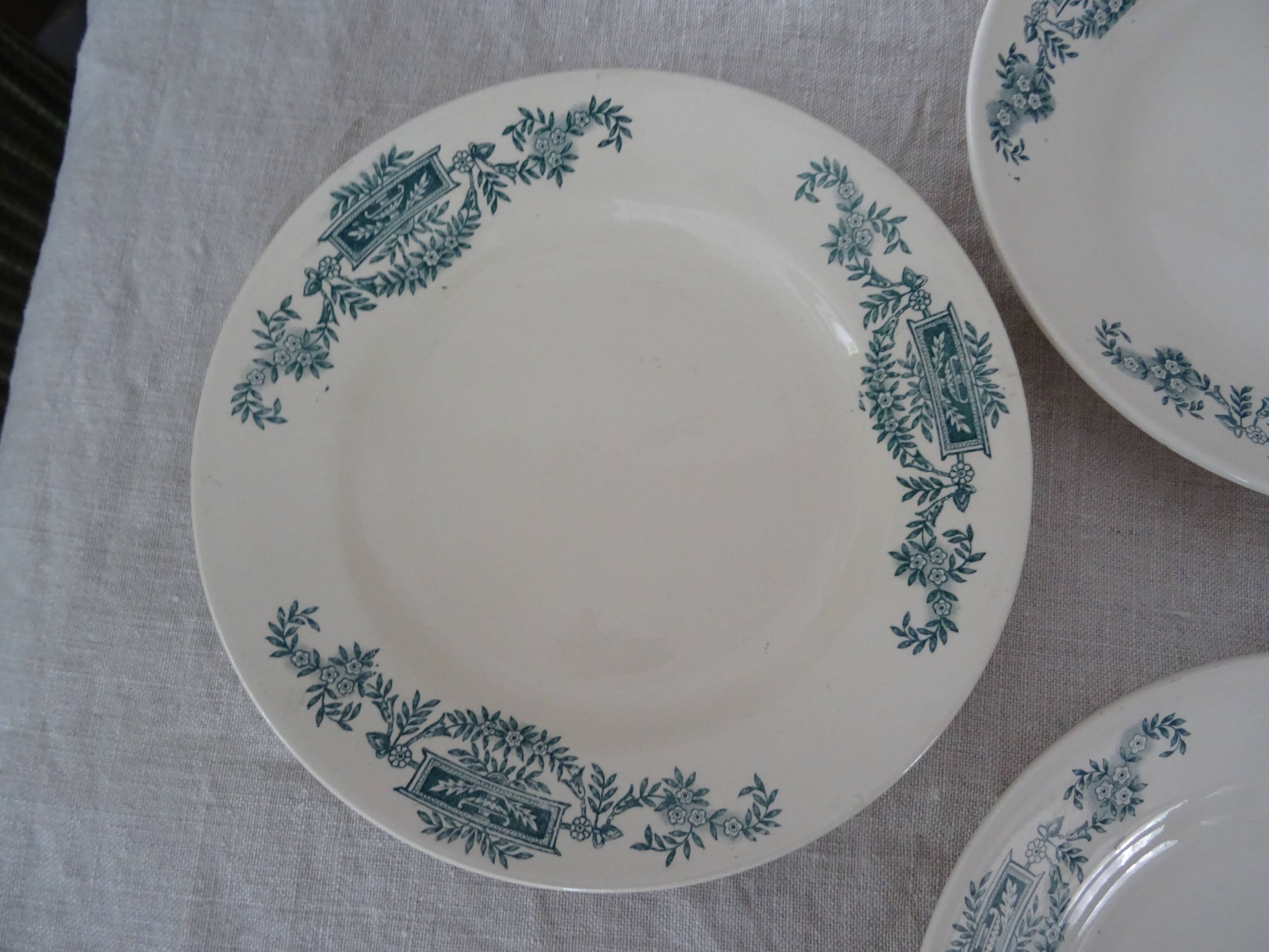 5 Plates flat Longchamp Lutèce faience old laurel green iron earth