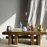 Solid wood bench with openwork base crossed by a cylinder - Mango wood
