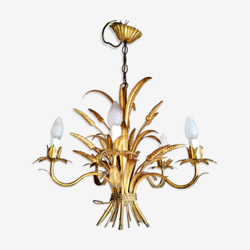 Golden metal wheat epis chandelier 1970