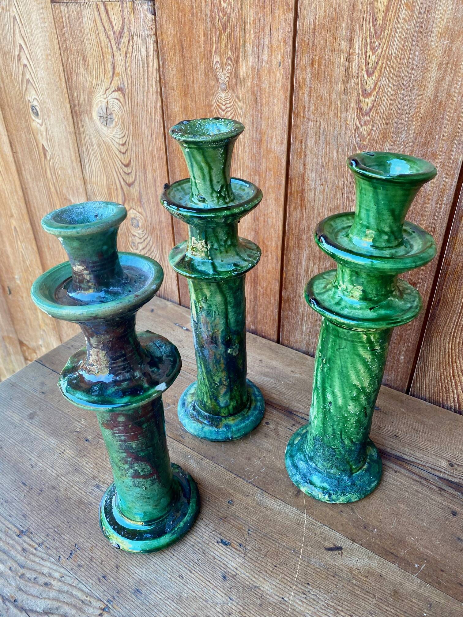3 Tamegroute candle holders in green glazed ceramic from Morocco.