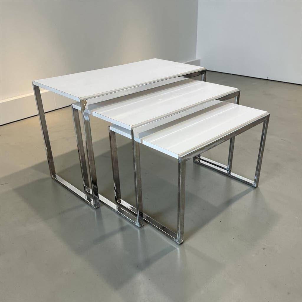 Set of 3 vintage nesting tables / chrome/marble side tables.