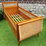 Bed wood and rattan 1960