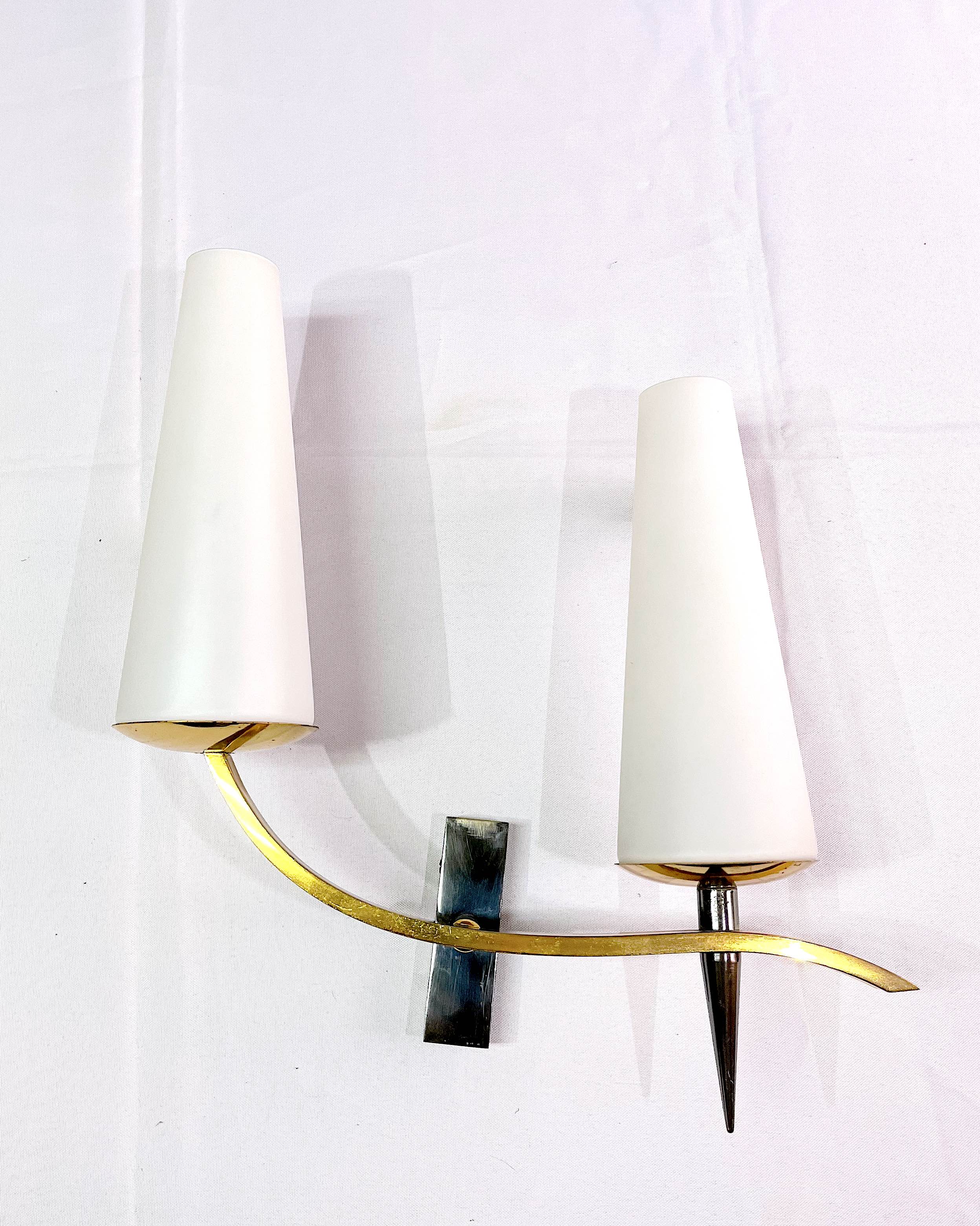 Pair of double sconces in brass and opaline, Maison Arlus, France, Mid-Century