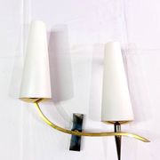 Pair of double sconces in brass and opaline, Maison Arlus, France, Mid-Century