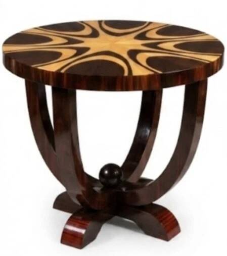 A round Art Deco table made of beech wood, rosewood & elm burl.