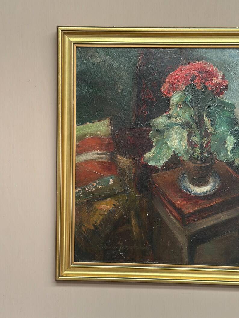 Original Swedish Oil on Panel - "Cineraria i Kruka" by Elna Jacobsson - Signed - Vintage and Framed - 48 × 43.5 cm (18.9" × 17.1")