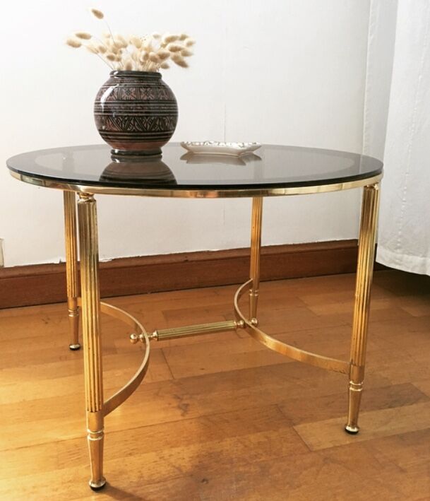 Brass round coffee table and smoked glass