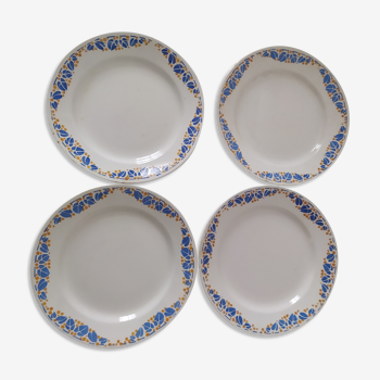 Lot de 4 assiettes anciennes art deco bleu et jaune, service colette