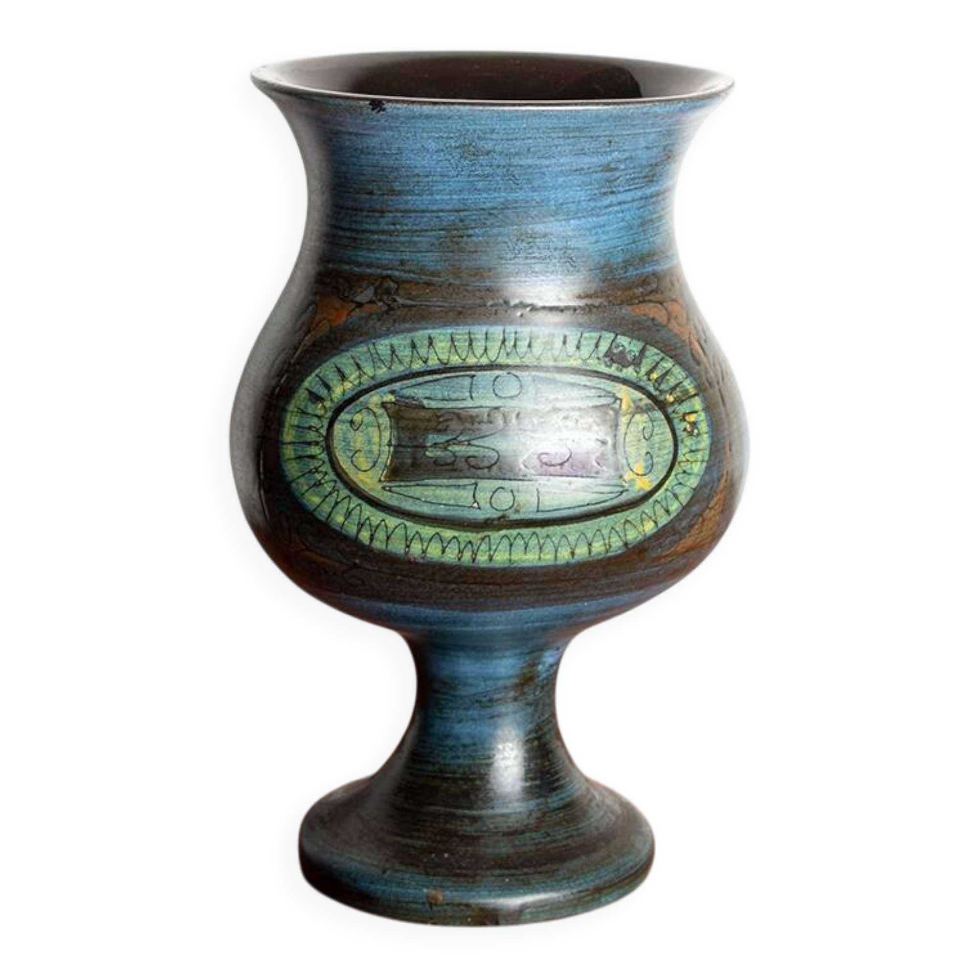 Vallauris, Modernist Vase, blue glazed ceramic, Jean de Lespinasse.