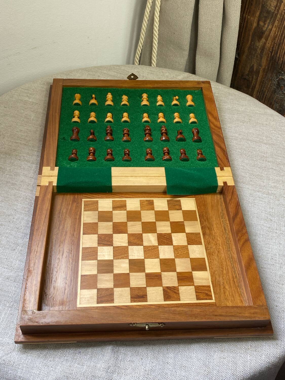 Wooden travel chess set, marquetry board