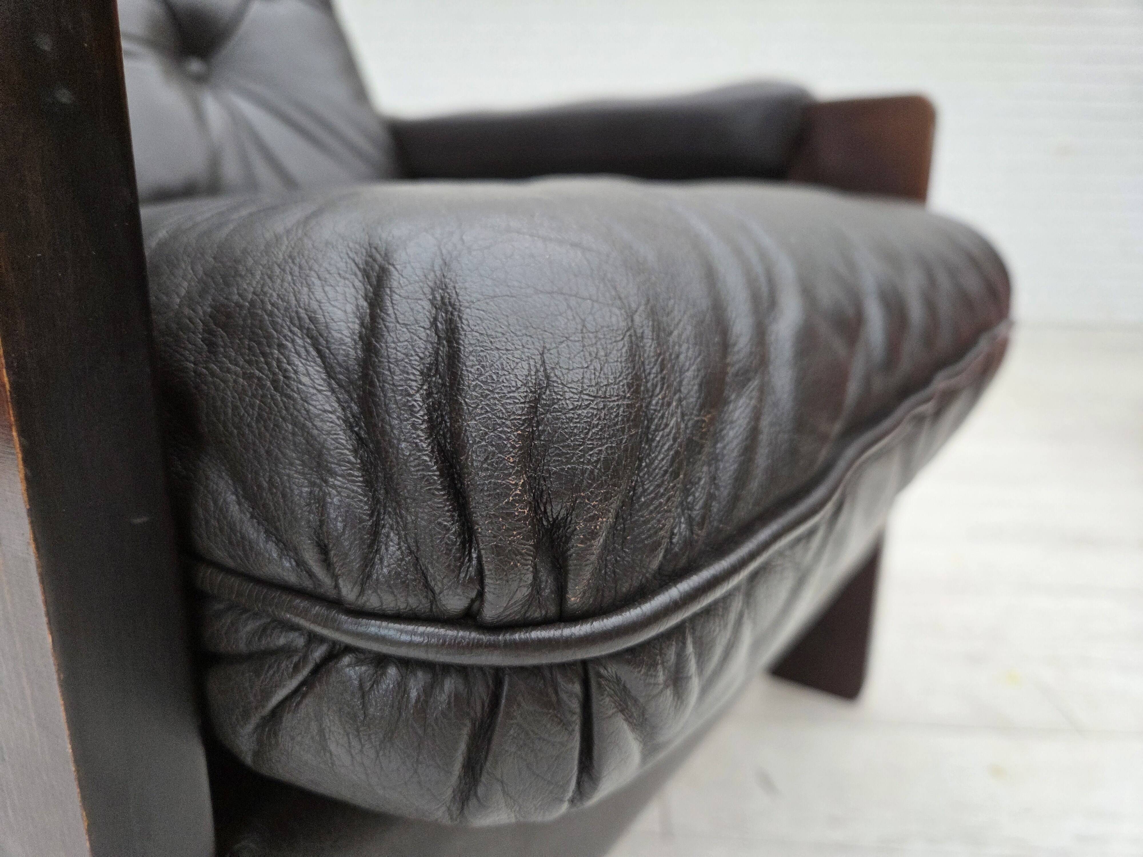1970s, Danish armchair, brown furniture leather, oak wood.