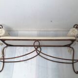 Copper wrought iron bench with cushions