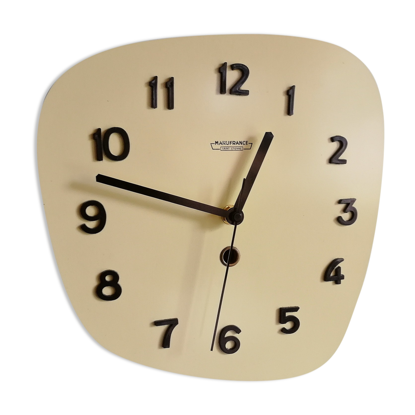 Clock formica vintage asymmetrical silent wall clock "Manufrance pale yellow"