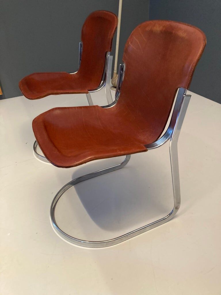 Set of 4 dining chairs in chrome and leather for Cidue Italy 1970