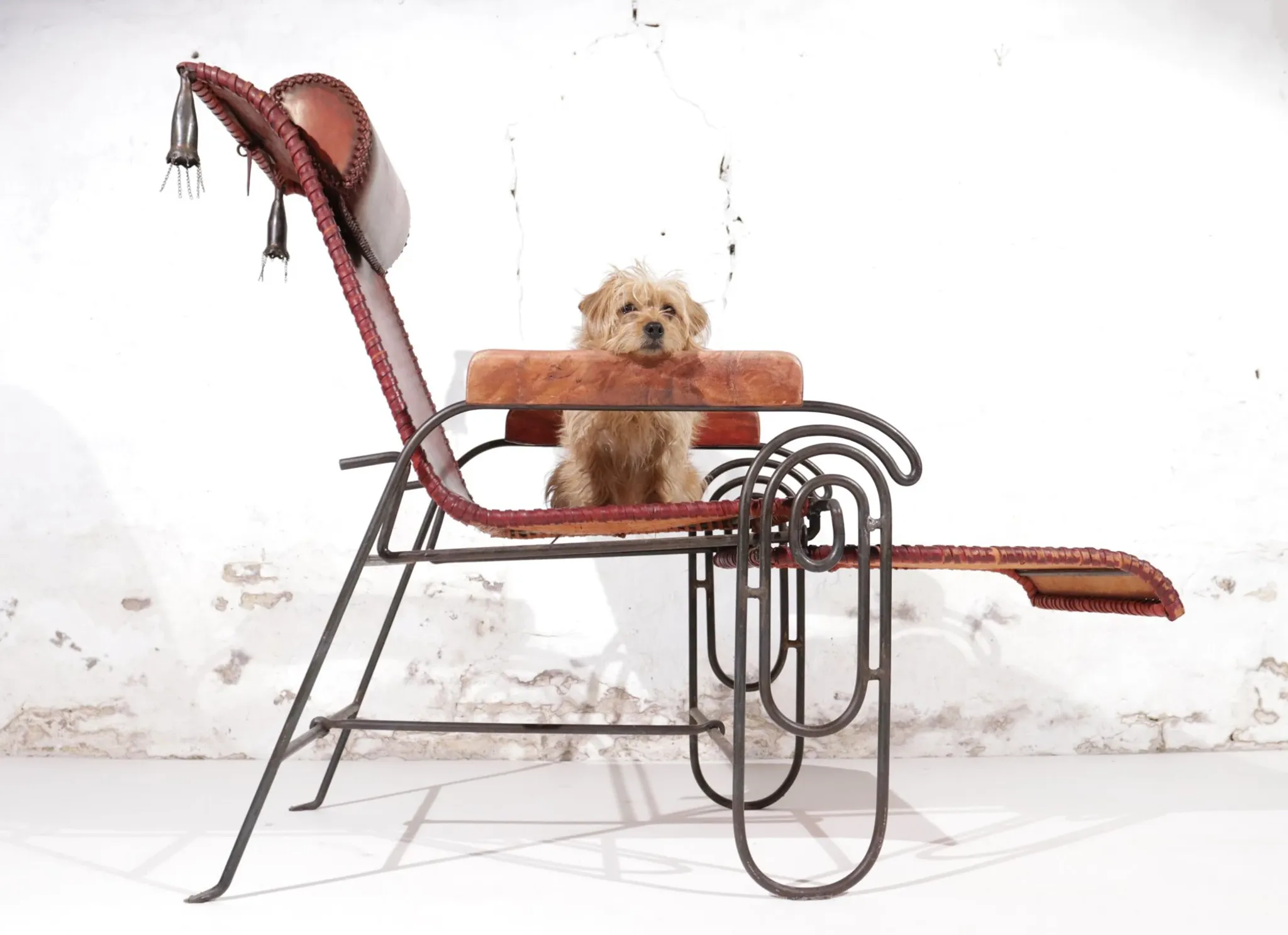 French art deco lounge chair in wrought iron and leather with footrest