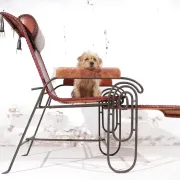 French art deco lounge chair in wrought iron and leather with footrest