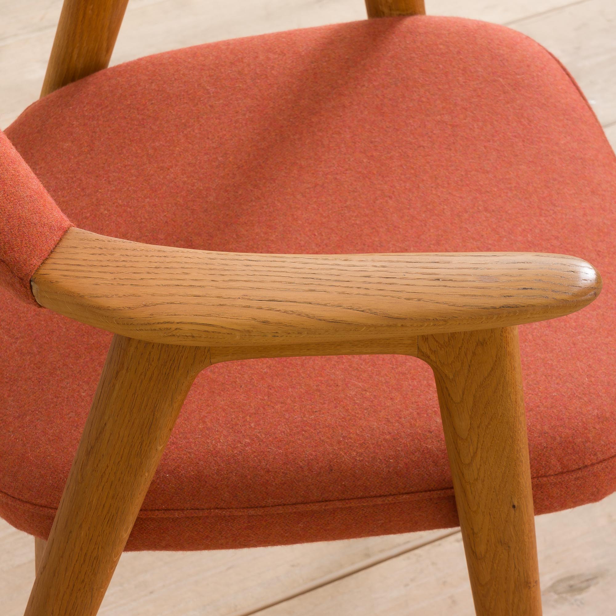 Erik Kirkegaard Oak desk chair in new pale red  wool upholstery.