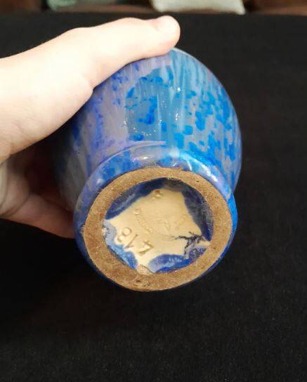 Blue and ocher Pierrefonds enameled vase with delicate crystallization glazes. Art Deco.