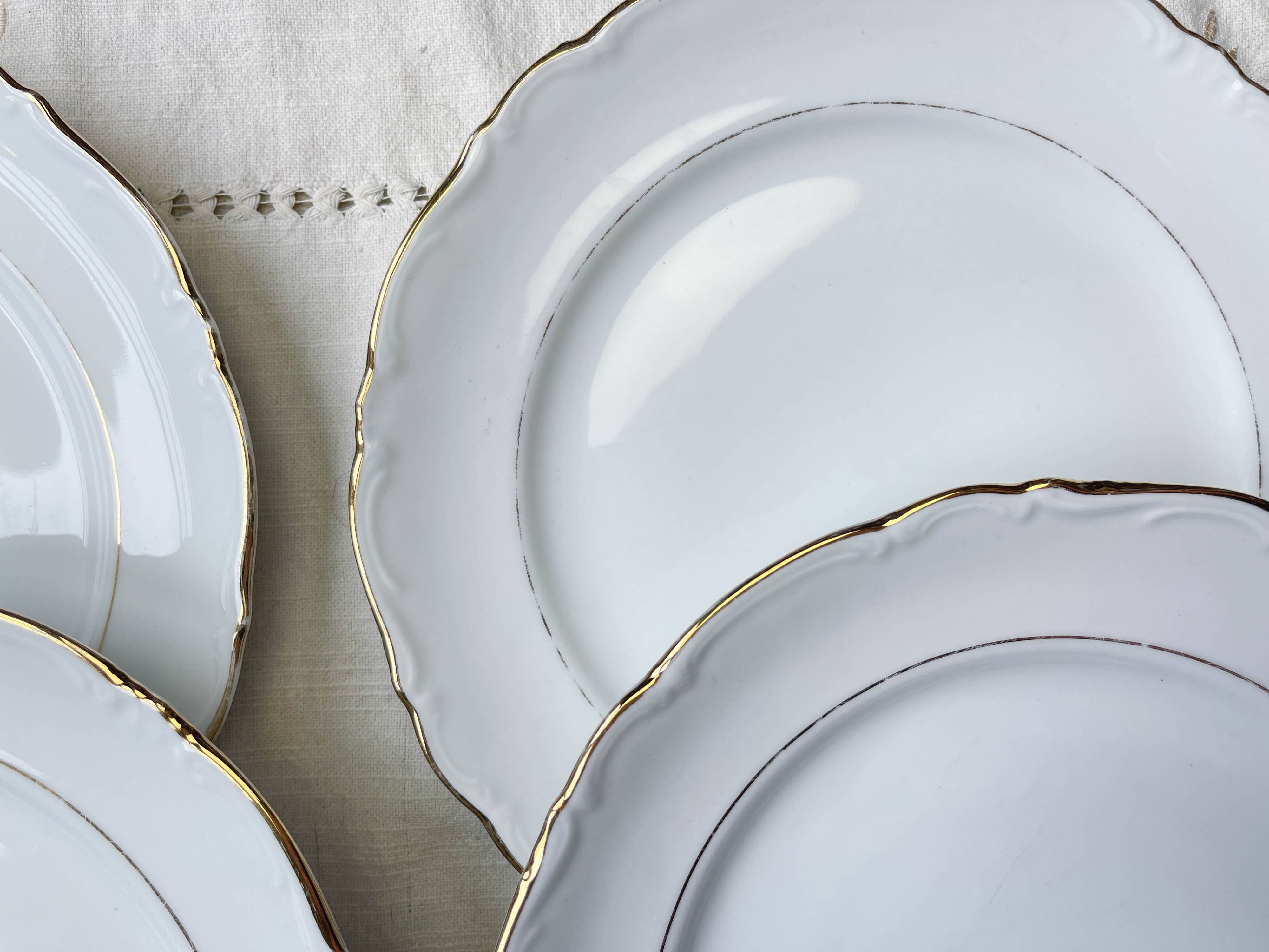 6 Vintage White Porcelain Plates with Gold Trim + 6 Small Mismatched Blue Jacobean Plates