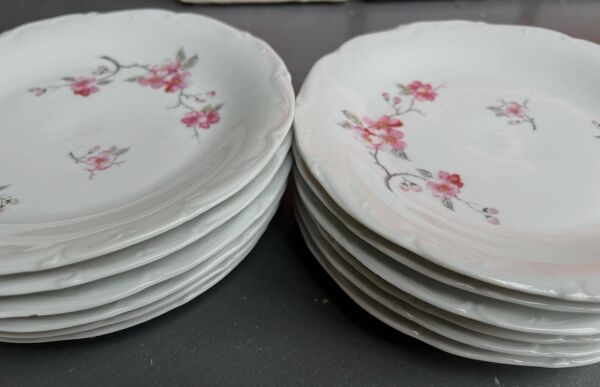 12 assiettes blanches motifs fleurs de pommier porcelaine de Sologne