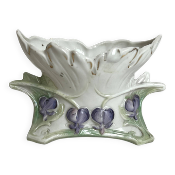 Art Nouveau, small jardinière vase with violets in slipware around 1900.
