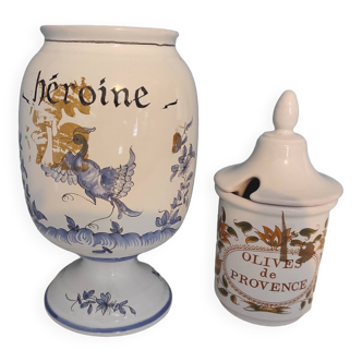 2 Earthenware pottery from Moustiers ceramic vintage art Vase and Condiment pot