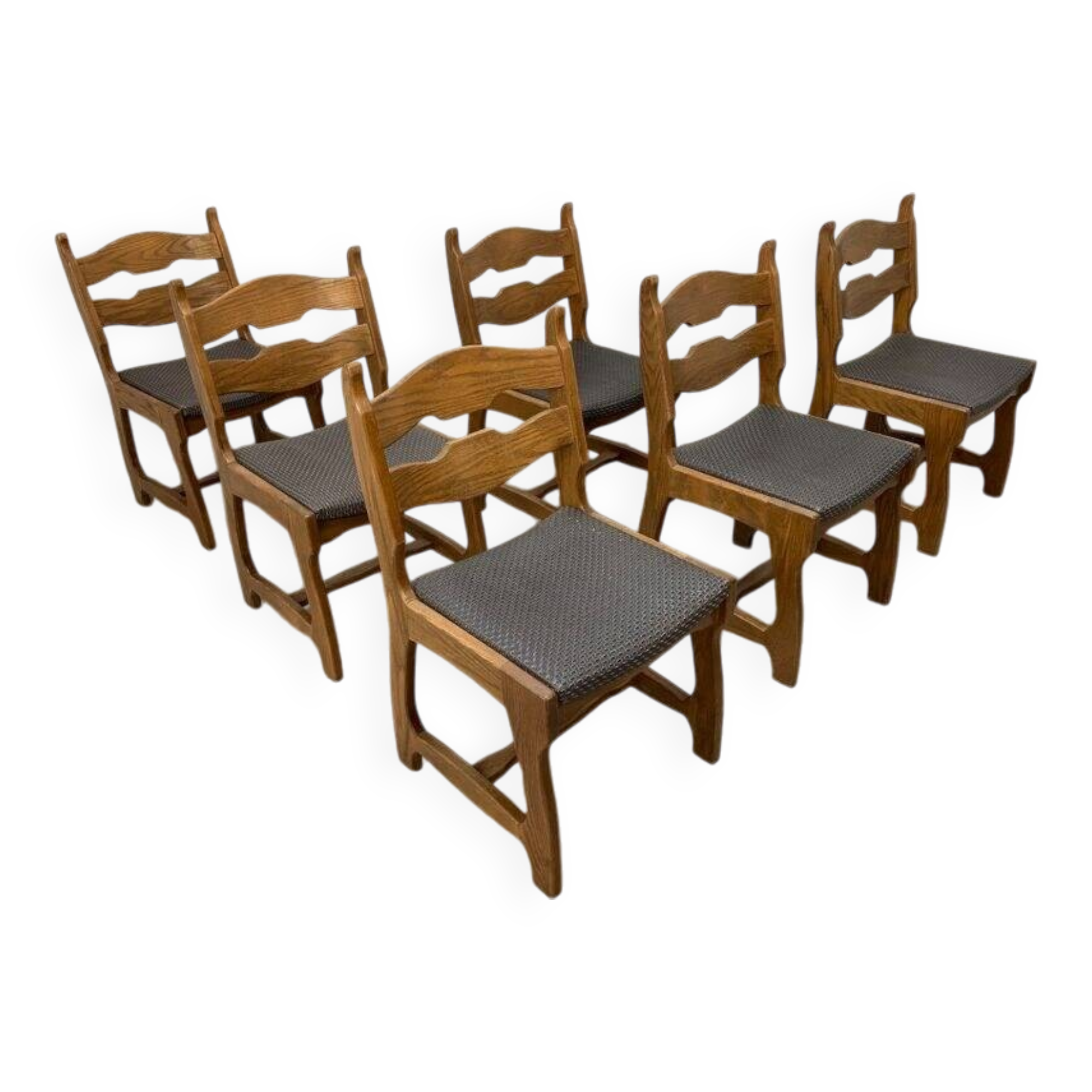 6 vintage solid wood brutalist chairs