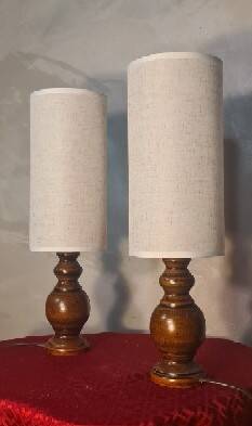 Pair of Scandinavian wooden lamps with linen shades 40x12 electric ok