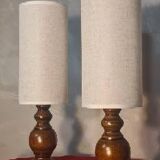 Pair of Scandinavian wooden lamps with linen shades 40x12 electric ok