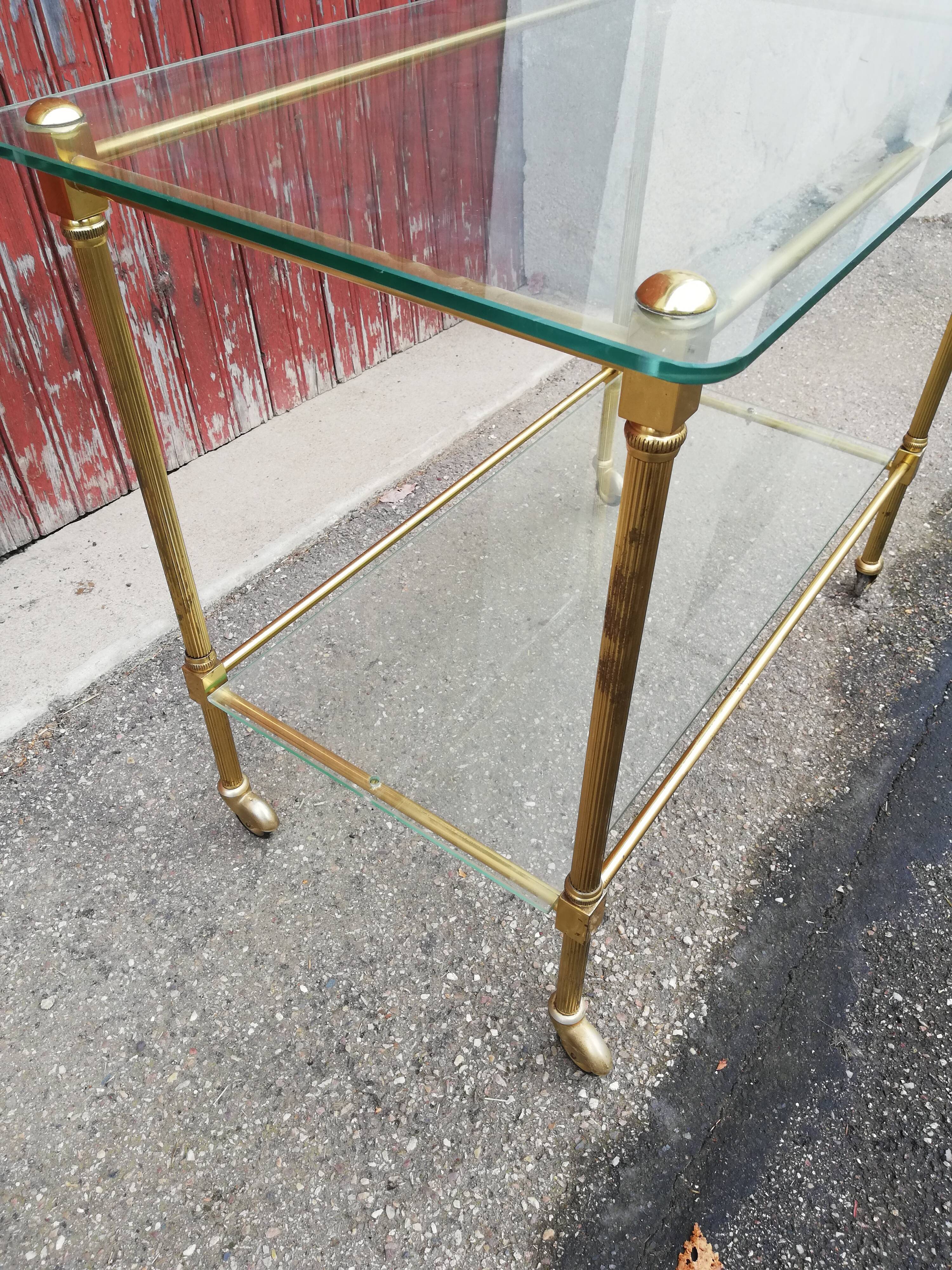 Desserte vintage laiton et 2 plateaux verre