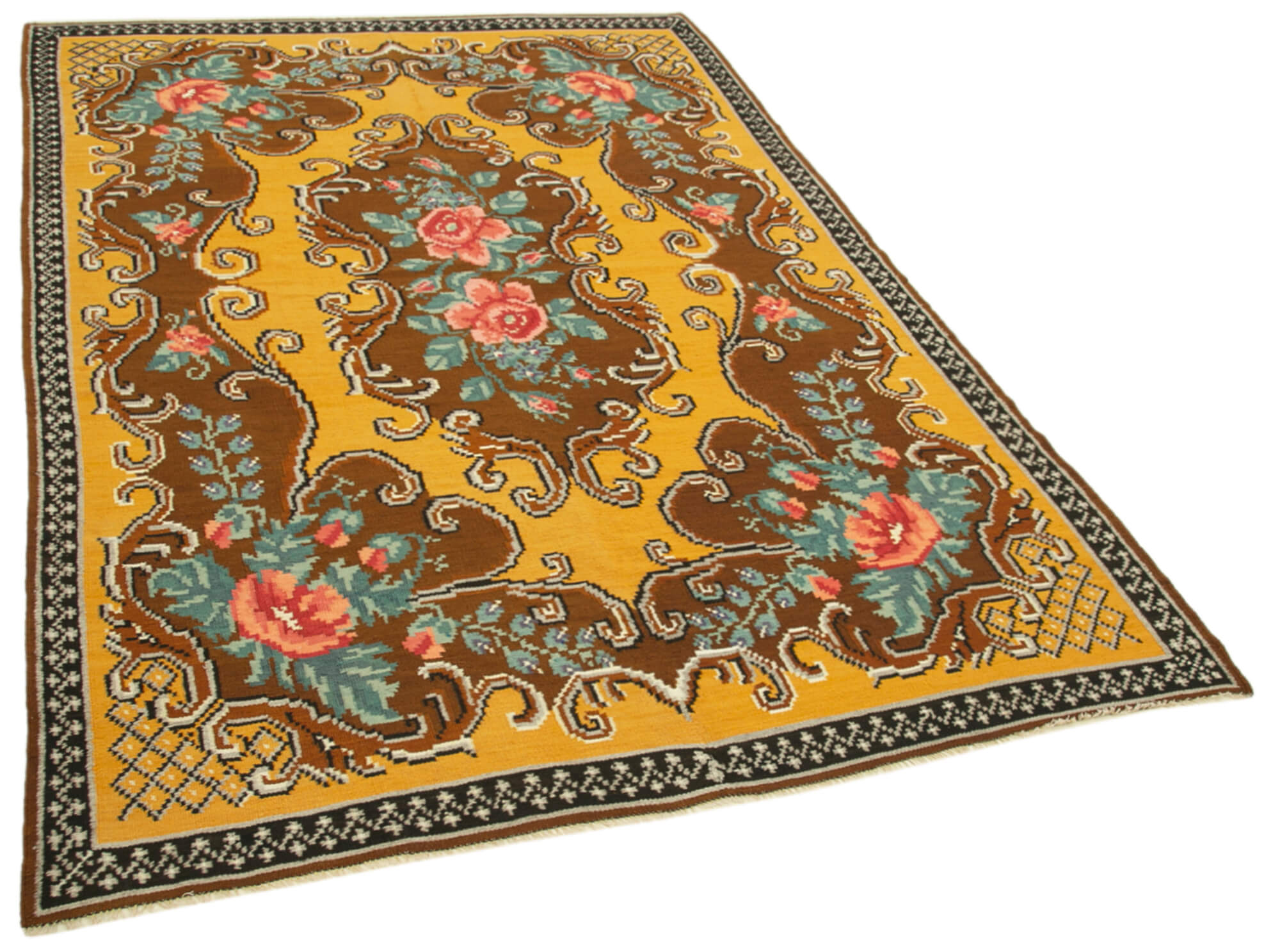 Hand-Knotted Vintage Bessarabian Brown Kilim 176 cm x 262 cm - 23401