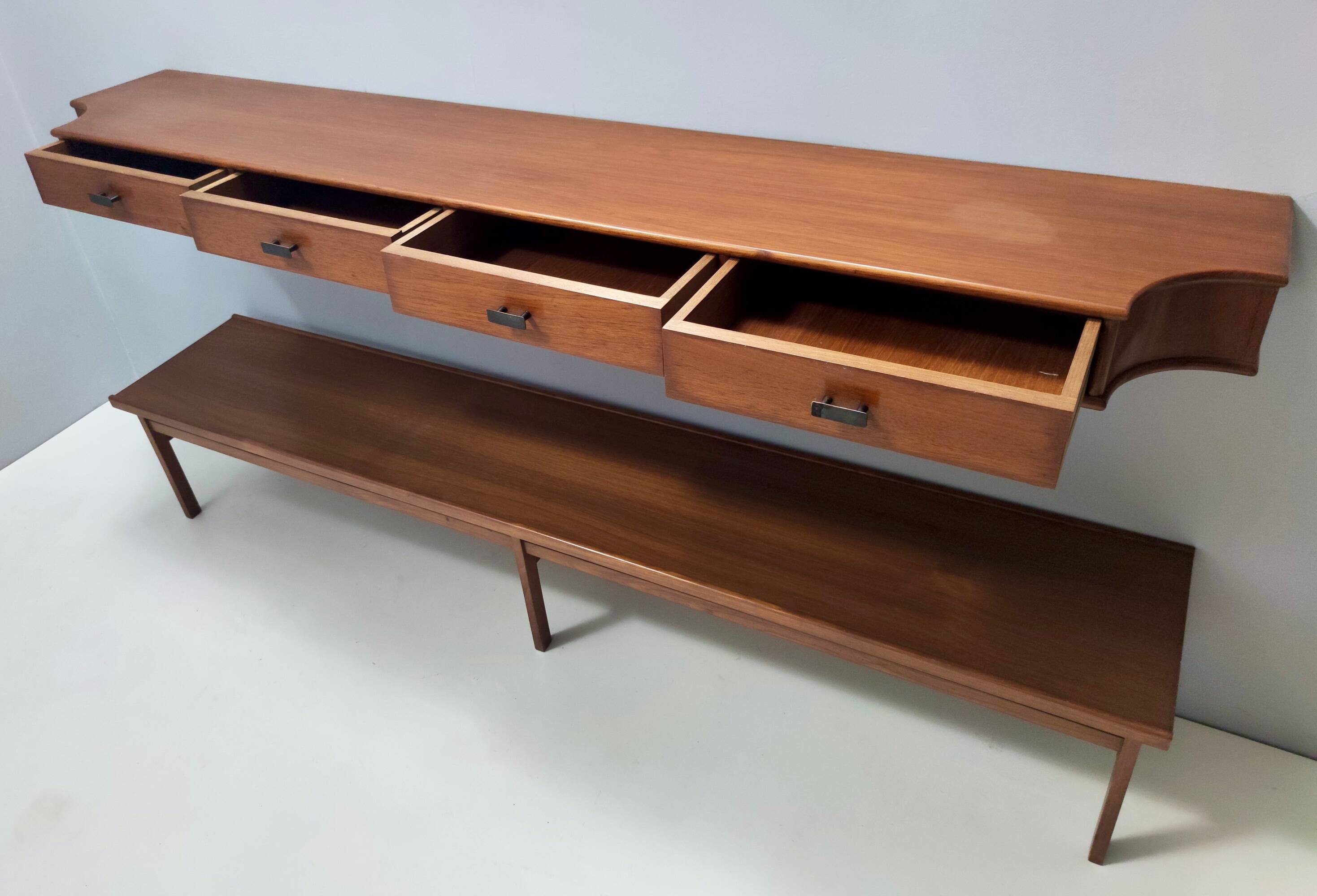 Entryway Set of Wall Mirror, Walnut Console and Bench by Brugnoli, Italy