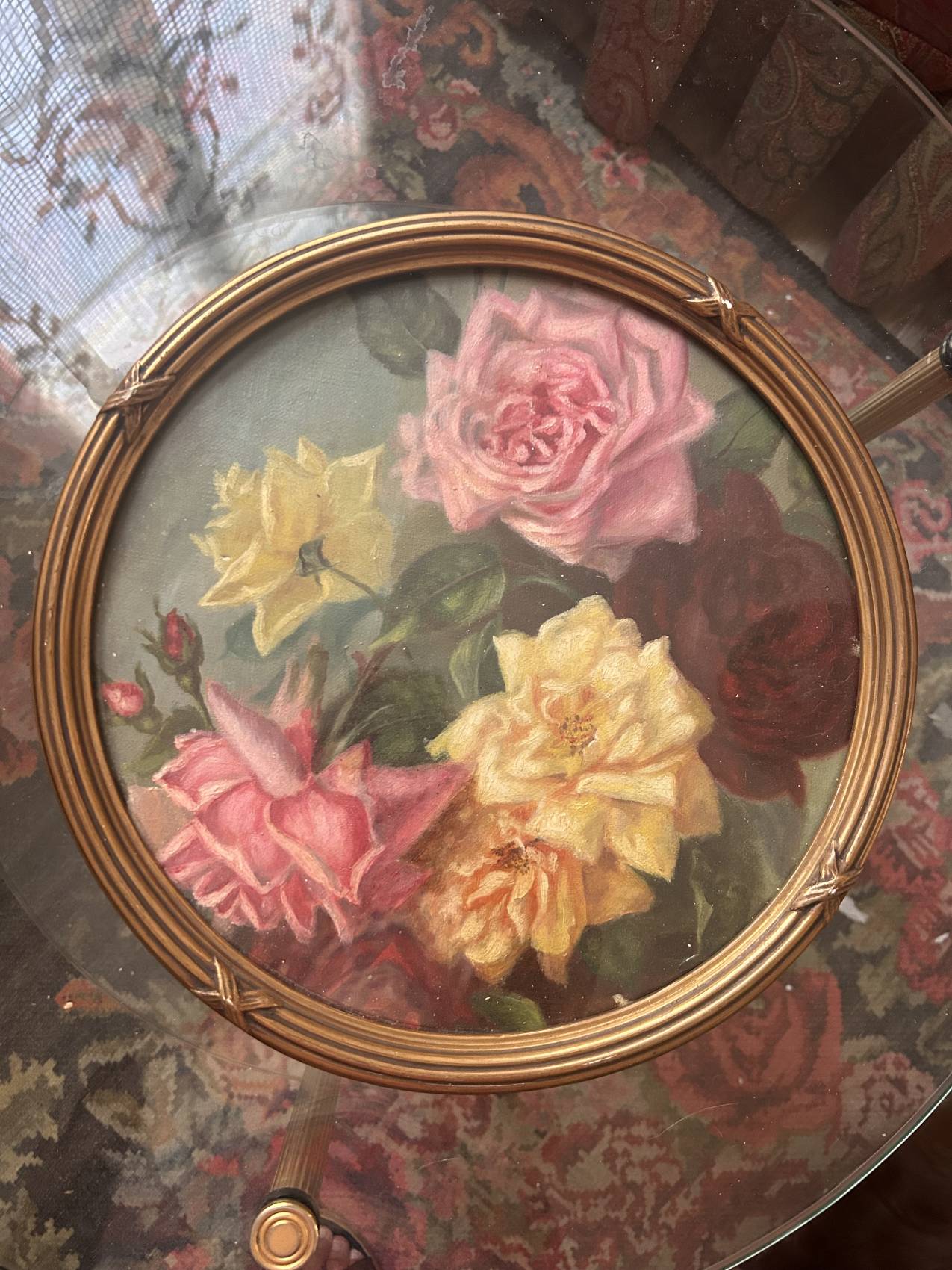 Antique painting of a bouquet of roses, 1900s – glass painting and Louis XVI gilded frame.