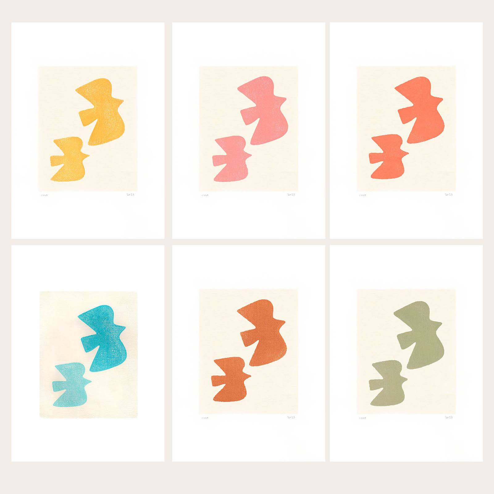 Painting on paper - Birds - sage green - signed Eawy