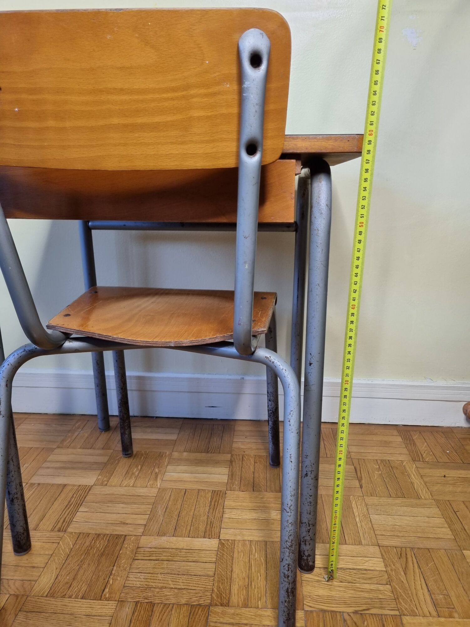 Set chair and school desk in steel, wood and formica, 50s-60s