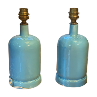 Pair of lamp feet, old ceramic gas bottle