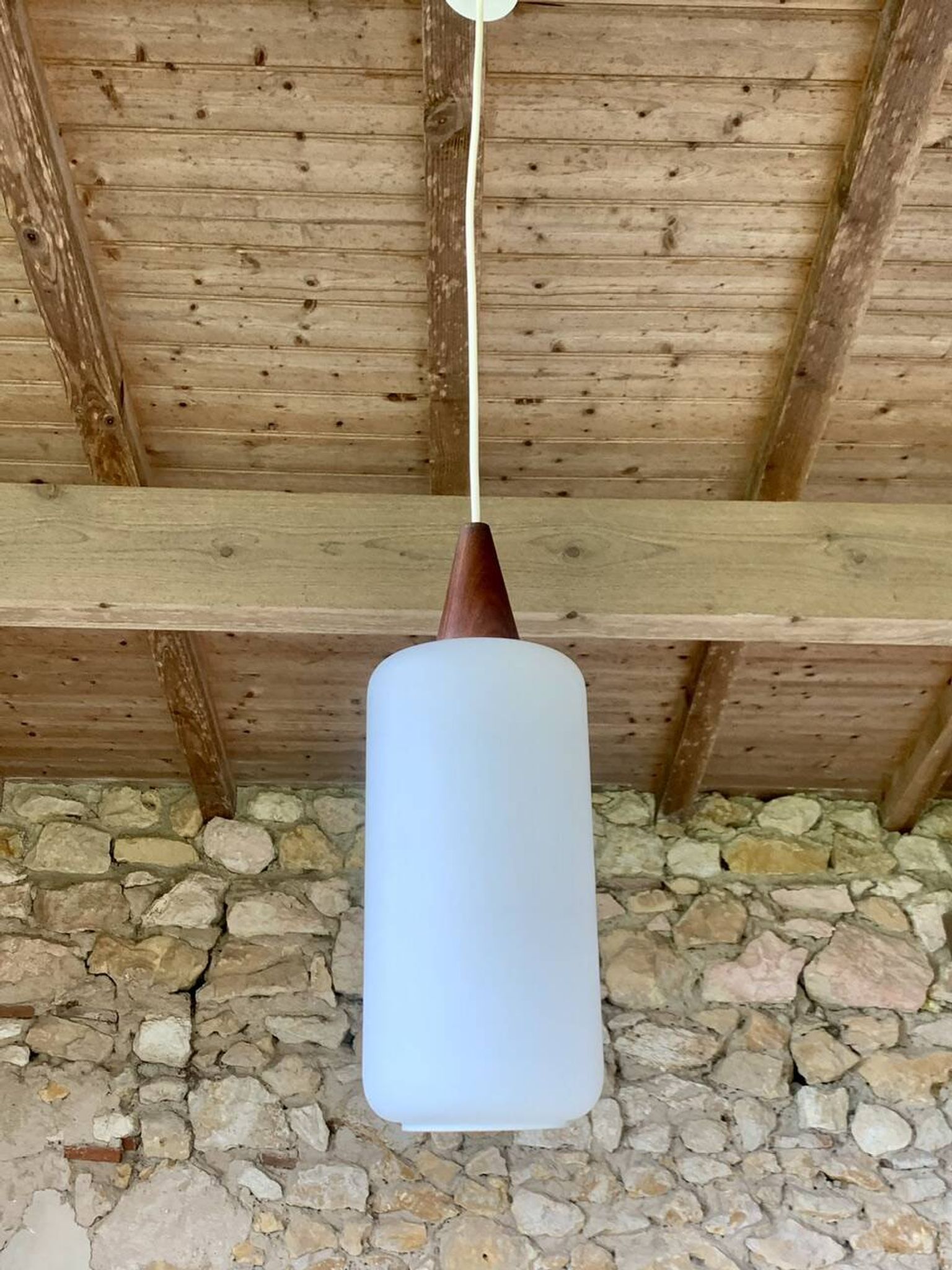 Scandinavian Pendant Lamp in Teak and Opaline, Circa 60´s