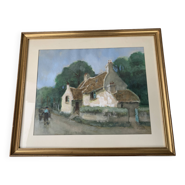 Rare Aquarelle Louis Coquat paysage rural