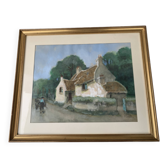Rare Watercolor Louis Coquat rural landscape