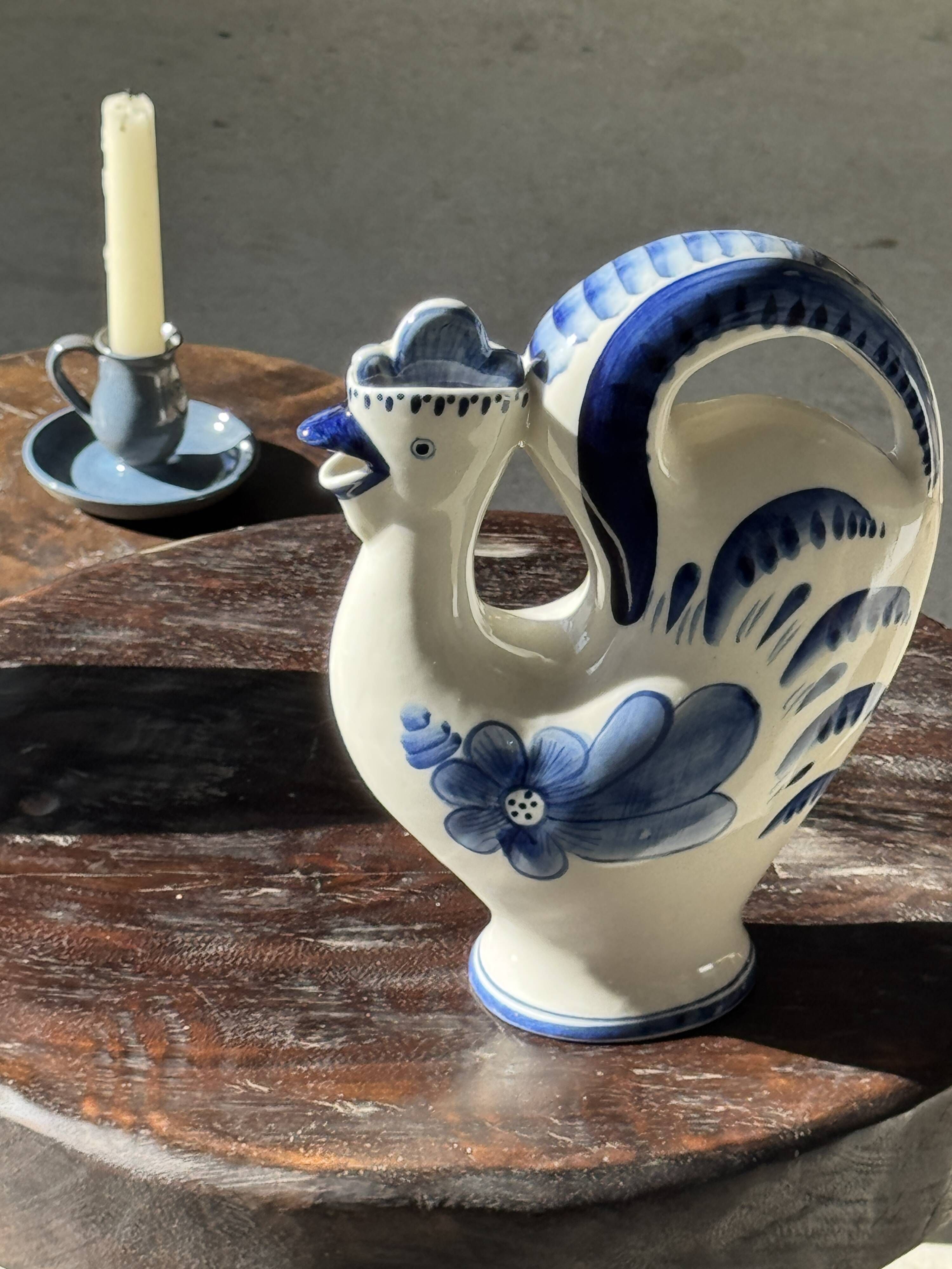 Vintage white ceramic carafe with blue Gjel-style decoration, USSR.