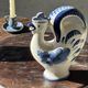 Vintage white ceramic carafe with blue Gjel-style decoration, USSR.